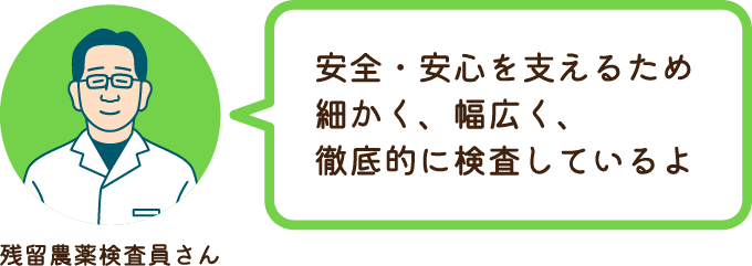 残留農薬検査員さん 安全・安心を支えるため細かく、幅広く、徹底的に検査しているよ