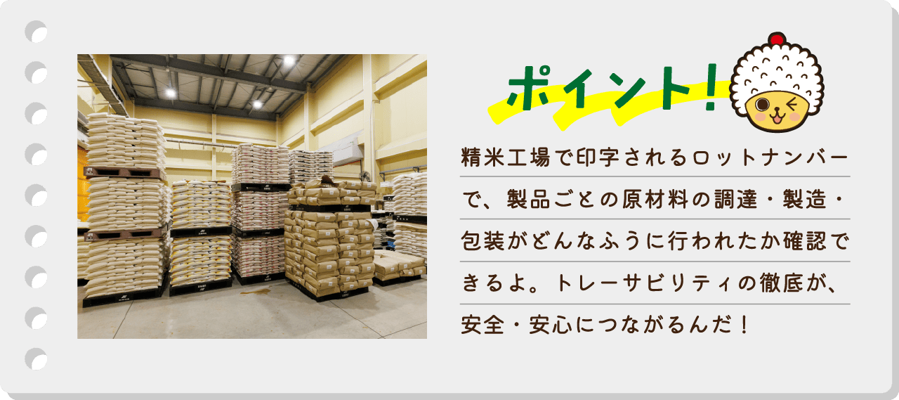 ポイント！精米工場で印字されるロットナンバーで、製品ごとの原材料の調達・製造・包装がどんなふうに行われたか確認できるよ。トレーサビリティの徹底が、安全・安心につながるんだ！